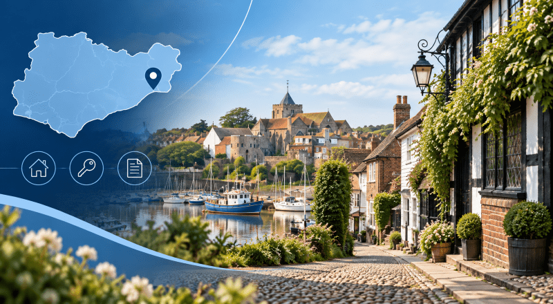 Mortgage Broker in Rye, East Sussex, with historic properties, cobbled streets, harbour scenery and a location map highlighting Rye.
