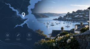 Mortgage Broker in Salcombe location map with coastal harbour, homes and mortgage guidance icons.