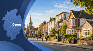Mortgage Broker in Salisbury hero image showing a Salisbury location map icon, a streetscape with varied homes, and a recognisable Salisbury landmark in branded dark and light blue styling.