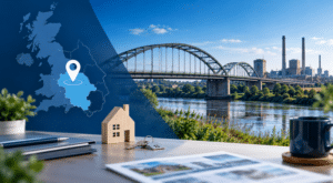 Mortgage Broker in Scunthorpe location graphic featuring a Lincolnshire map pin, property keys, house model and local riverside scene.