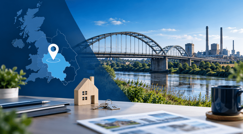 Mortgage Broker in Scunthorpe location graphic featuring a Lincolnshire map pin, property keys, house model and local riverside scene.