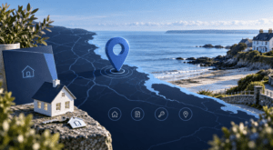 Mortgage Broker in Seabrook location map with coastal homes, property icons, house keys and mortgage guidance theme