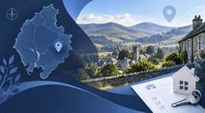 Mortgage Broker in Sedbergh location map with rural Cumbria scenery, house, key and mortgage document icons.