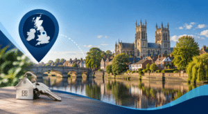 Mortgage Broker in Selby location graphic featuring Selby Abbey, riverside homes, a map pin and house keys.