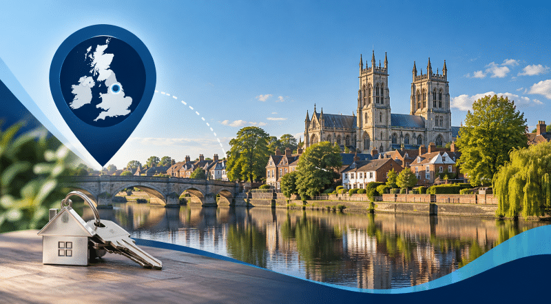 Mortgage Broker in Selby location graphic featuring Selby Abbey, riverside homes, a map pin and house keys.
