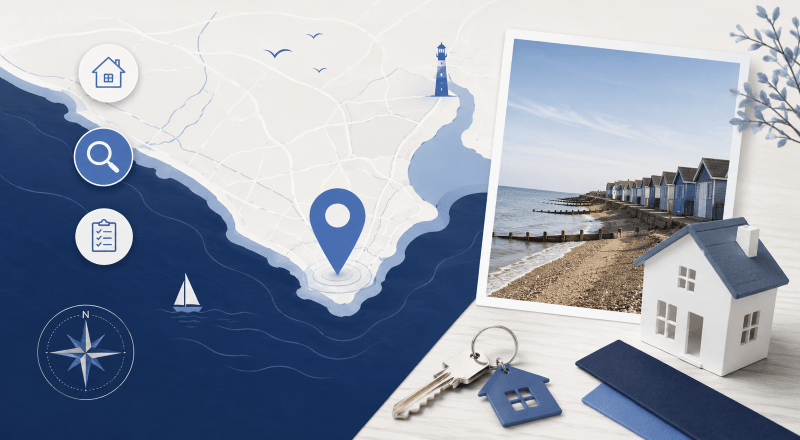 Mortgage Broker in Selsey location map with coastal property, house keys and home search icons.