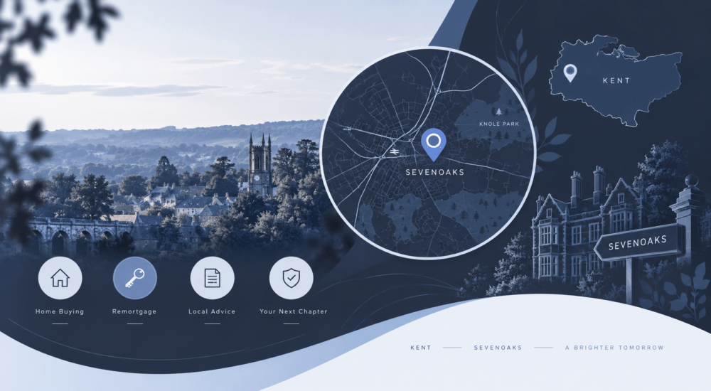 Mortgage Broker in Sevenoaks location map highlighting Sevenoaks in Kent with property and local mortgage advice icons.