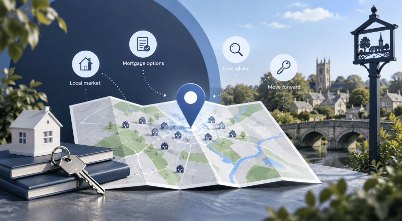 Mortgage Broker in Sharnbrook location map with property icons, mortgage symbols and a highlighted map pin in branded blue tones.