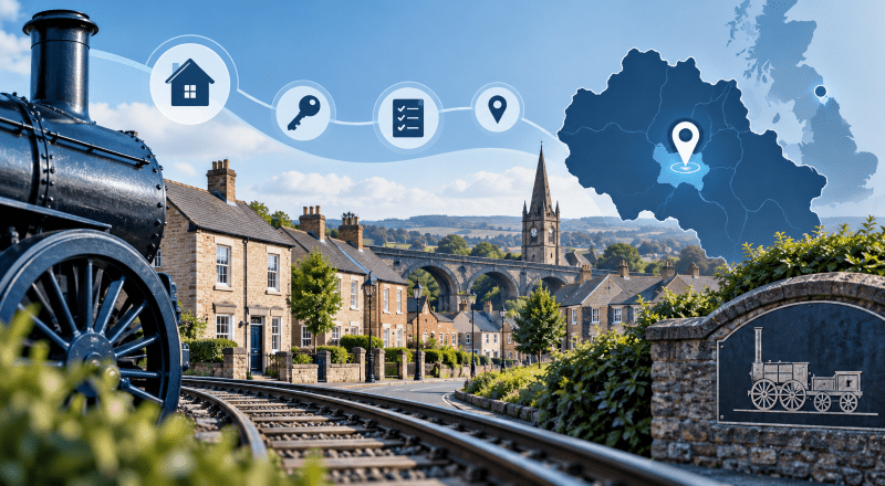 Mortgage Broker in Shildon with local railway heritage, homes and a County Durham location map pin.