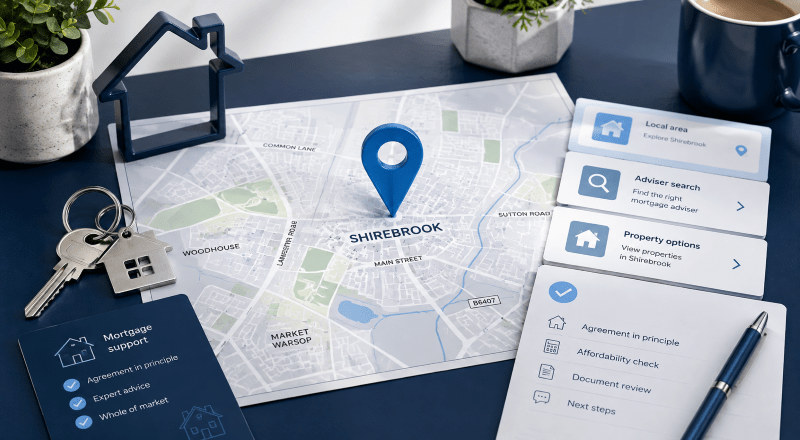 Mortgage Broker in Shirebrook location map with property, mortgage support and adviser search icons
