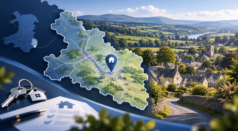 Mortgage Broker in Shirenewton location map with Monmouthshire countryside and property icon