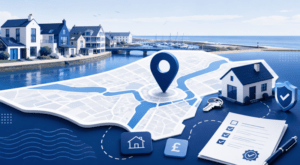 Mortgage Broker in Shoreham-by-Sea location map with coastal homes, harbour setting and mortgage property icons.