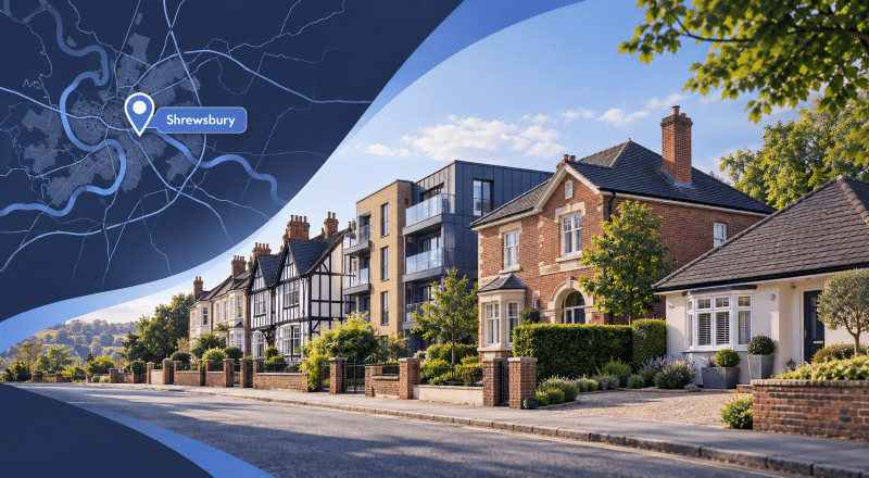 Mortgage Broker in Shrewsbury location map with a Shrewsbury residential street showing a mix of local property styles.