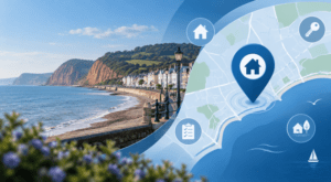 Mortgage Broker in Sidmouth location map with coastal homes, seafront scenery and mortgage property icons.