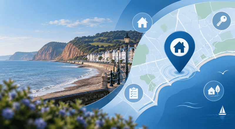 Mortgage Broker in Sidmouth location map with coastal homes, seafront scenery and mortgage property icons.