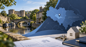 Mortgage Broker in Skipton location map with North Yorkshire property and home-buying imagery.
