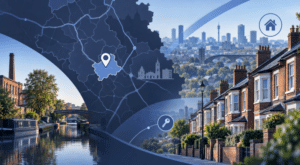 Mortgage Broker in Smethwick hero image featuring a West Midlands location map, canal scene, traditional terraced homes and mortgage-related property icons.
