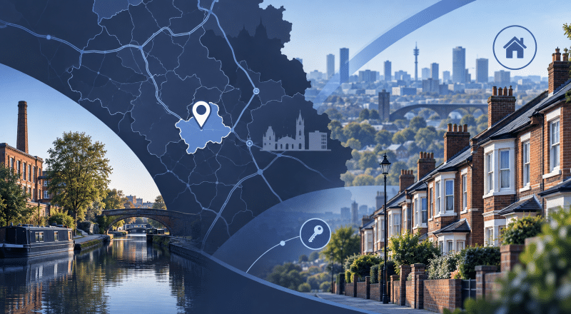 Mortgage Broker in Smethwick hero image featuring a West Midlands location map, canal scene, traditional terraced homes and mortgage-related property icons.