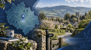 Mortgage Broker in Sollers Hope location map with rural Herefordshire countryside, traditional homes and property search icon.