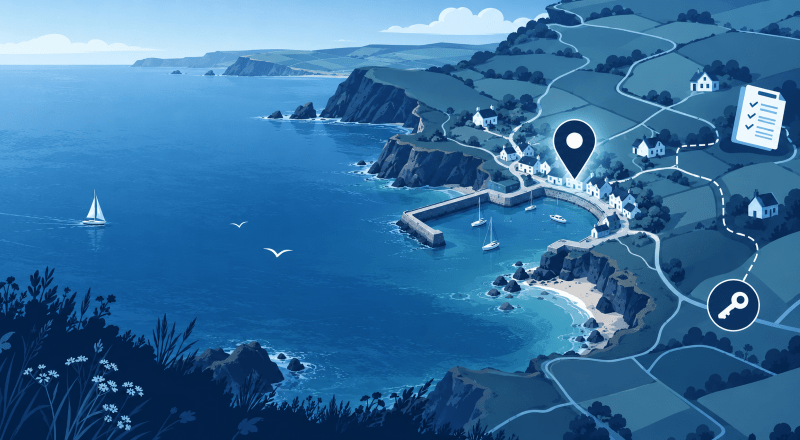 Mortgage Broker in Solva location map showing the Pembrokeshire coastline, harbour, homes, and mortgage-related icons.