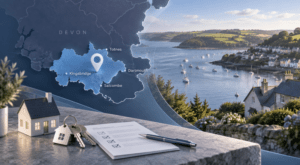 Mortgage Broker in South Hams location map with South Devon coastline, harbour, homes, keys and mortgage paperwork in Connect Experts blue branding.