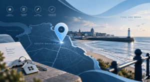Mortgage Broker in South Shields – local mortgage advice in Tyne and Wear with a South Shields map, location pin and coastal seafront imagery.