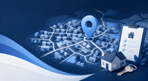 Mortgage Broker in Southwater location map with property, house key and mortgage checklist icons.