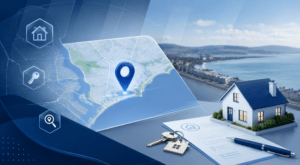 Mortgage Broker in Southwick location map with property, house key and local home search icons in Connect Experts blue branding.