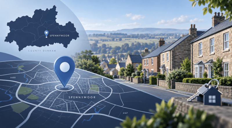 : Mortgage Broker in Spennymoor location map with County Durham homes and residential property imagery