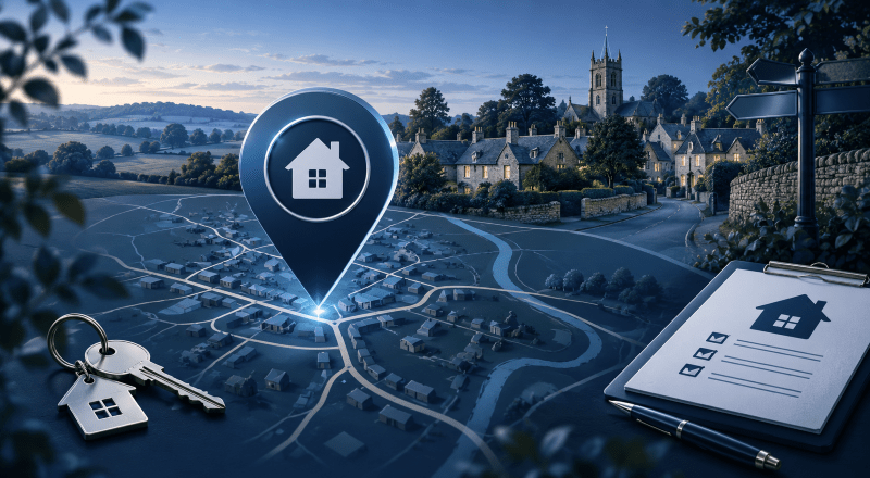 Mortgage Broker in Spratton location map with house icon, property keys and mortgage checklist in a Northamptonshire village setting