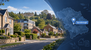Mortgage Broker in Sprotbrough hero image featuring local South Yorkshire homes, Cusworth Hall and a Sprotbrough location map marker.