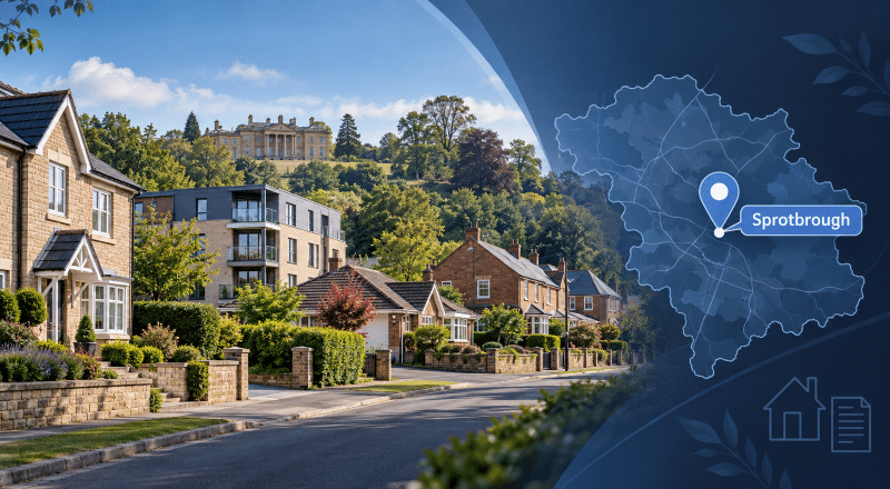 Mortgage Broker in Sprotbrough hero image featuring local South Yorkshire homes, Cusworth Hall and a Sprotbrough location map marker.