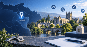 Mortgage Broker in St Asaph location map with home, key and mortgage icons, featuring a North Wales town and cathedral setting in Connect Experts brand colours.