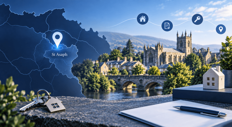 Mortgage Broker in St Asaph location map with home, key and mortgage icons, featuring a North Wales town and cathedral setting in Connect Experts brand colours.