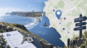 Mortgage Broker in St Bees location map with coastal Cumbria imagery, property icons, mortgage documents and house keys.