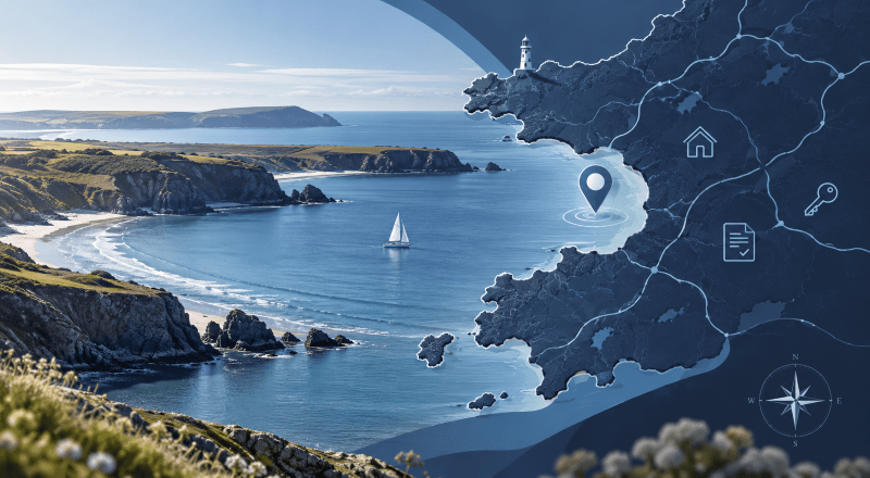 Mortgage Broker in St Bride’s Bay, Pembrokeshire, with a coastal map, location pin and property icons.