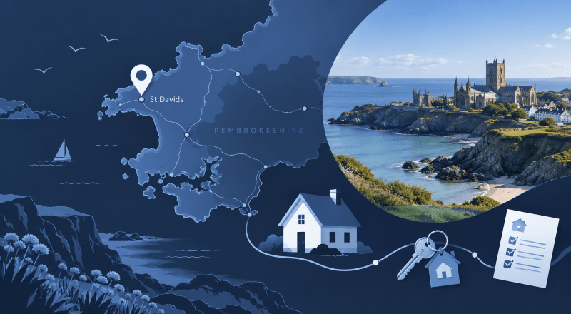Mortgage Broker in St Davids with Pembrokeshire map, location pin, coastal property imagery, house keys and mortgage checklist