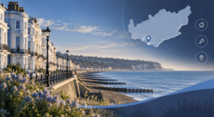 Mortgage Broker in St Leonards-on-Sea with East Sussex coastal property scene, location map and mortgage icons