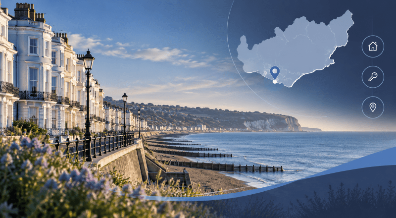 Mortgage Broker in St Leonards-on-Sea with East Sussex coastal property scene, location map and mortgage icons