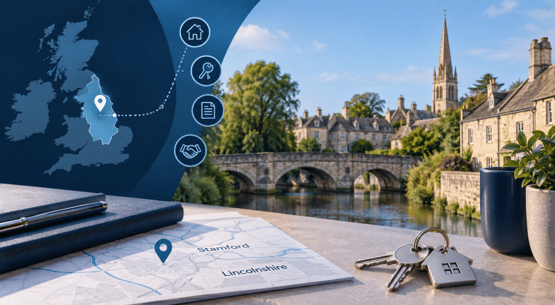 Mortgage Broker in Stamford, Lincolnshire, with a local map, location pin, house keys and Stamford-inspired historic architecture.