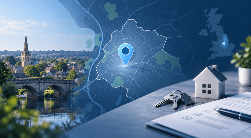 Mortgage Broker in Stapleford with location map pin, local property imagery, house keys and mortgage paperwork.