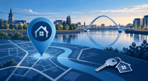Mortgage Broker in Stockton-on-Tees location map with property icon and River Tees-inspired waterfront scene.