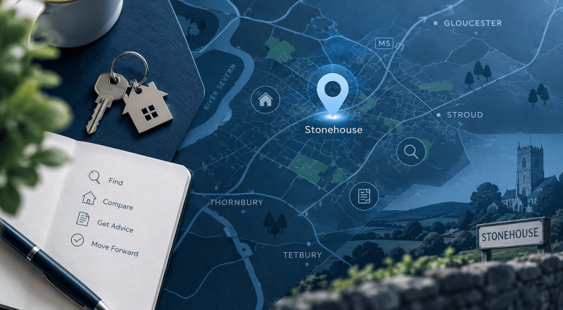 Mortgage Broker in Stonehouse location map with property icons, house keys and adviser search symbols in Connect Experts blue branding.