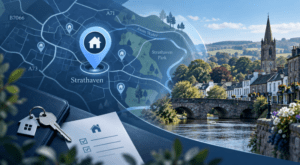 Mortgage Broker in Strathaven location map with property icons, house keys and local town scenery.