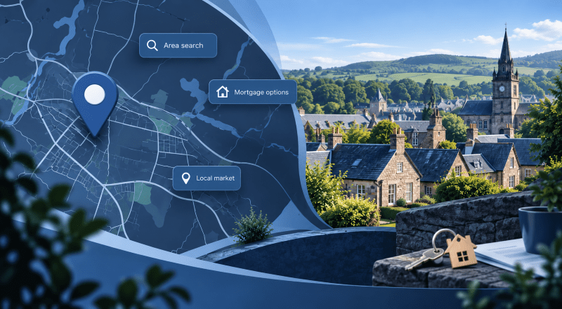 Mortgage Broker in Strathaven North location map with residential homes, mortgage search icons and property keys.