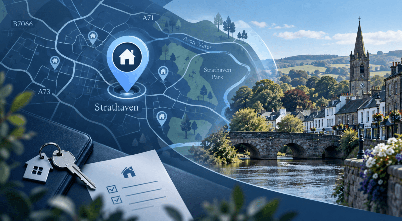 Mortgage Broker in Strathaven location map with property icons, house keys and local town scenery.