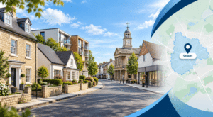 Mortgage Broker in Street, Somerset, with local homes, town architecture and a location map highlighting Street.