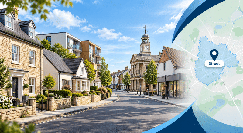 Mortgage Broker in Street, Somerset, with local homes, town architecture and a location map highlighting Street.