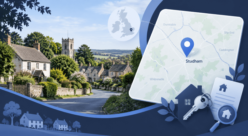 Mortgage Broker in Studham location map with village homes, property icons and a map pin.