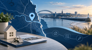 Mortgage Broker in Sunderland – location map with property icons, coastal skyline and housing imagery in Connect Experts blue branding.